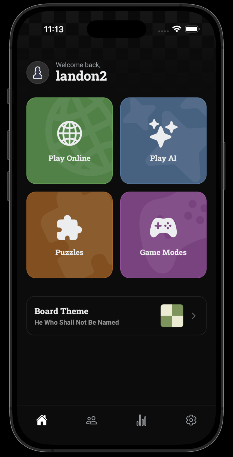 Home screen lobby showing mode selection and queue options