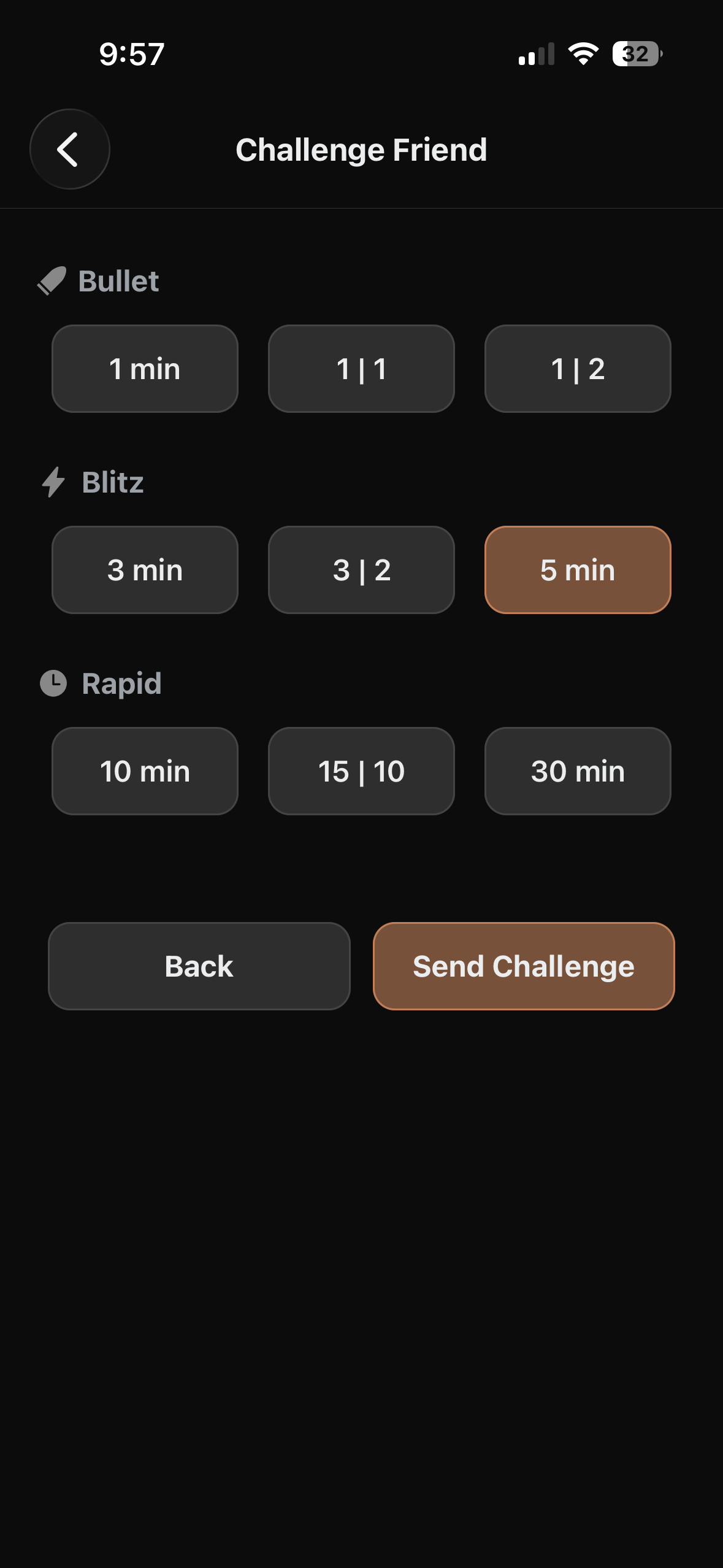 Challenge time control selection
