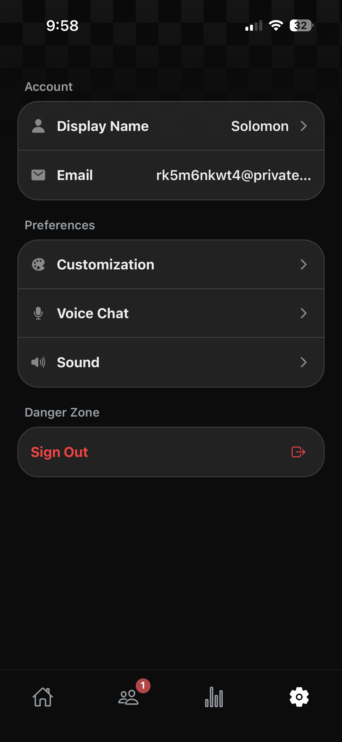 Settings screen