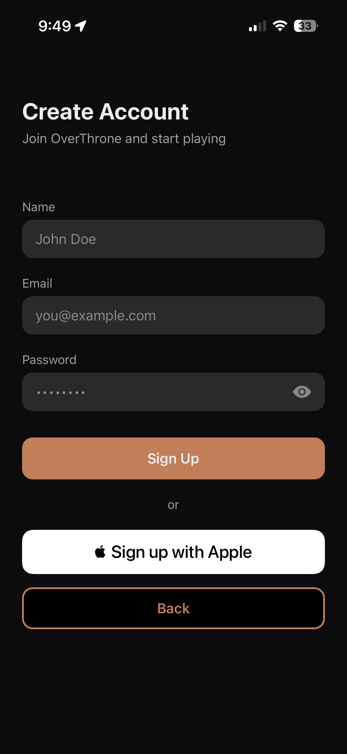 Sign up screen